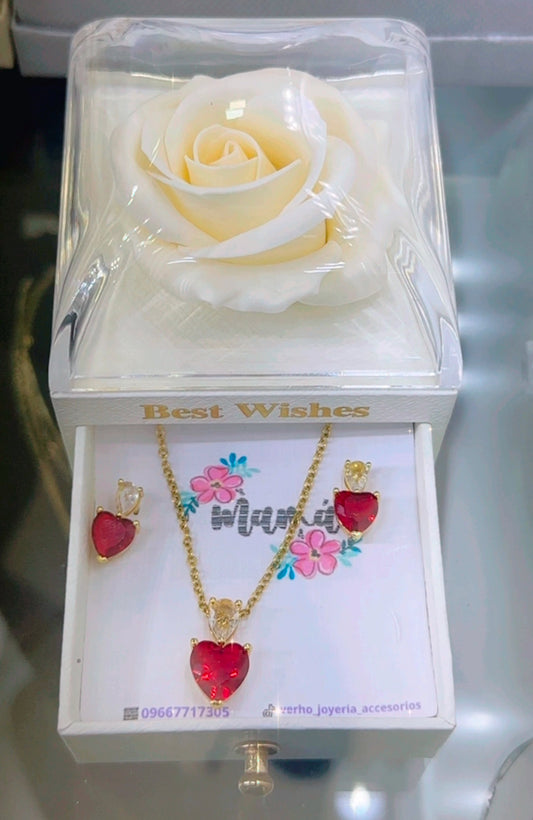 Cofre de Rosa y juego de aretes con cadena